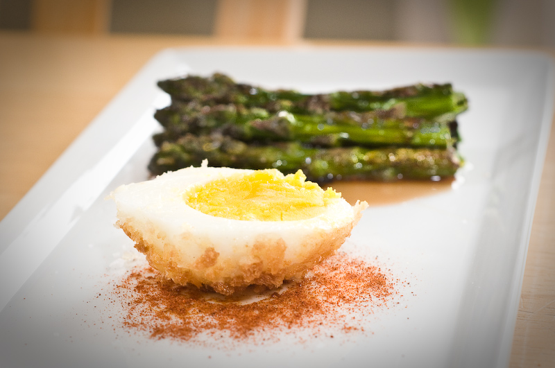 Panko-Crusted Egg With Cherry Smoked Asparagus, Smoked Paprika, And Sherry Gastrique Panko-Crusted Egg With Cherry Smoked Asparagus, Smoked Paprika, And Sherry Gastrique