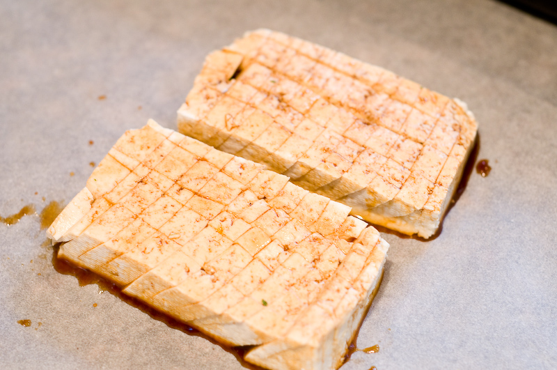 Scored tofu with the sauce Scored tofu with the sauce