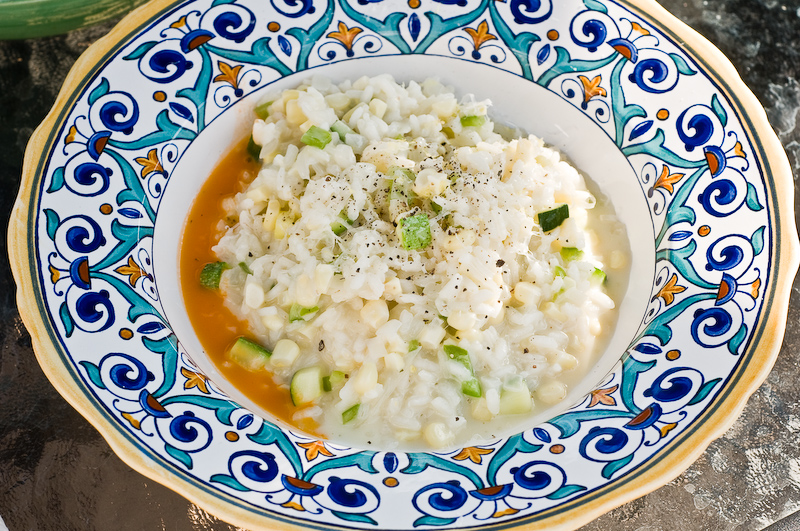 Summery risotto with corn, zucchini, and tomato oil Summery risotto with corn, zucchini, and tomato oil