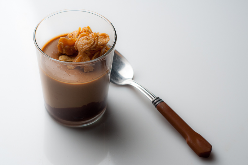 Butterscotch Pudding with Chocolate Ganache and Caramelized White Chocolate Crispies