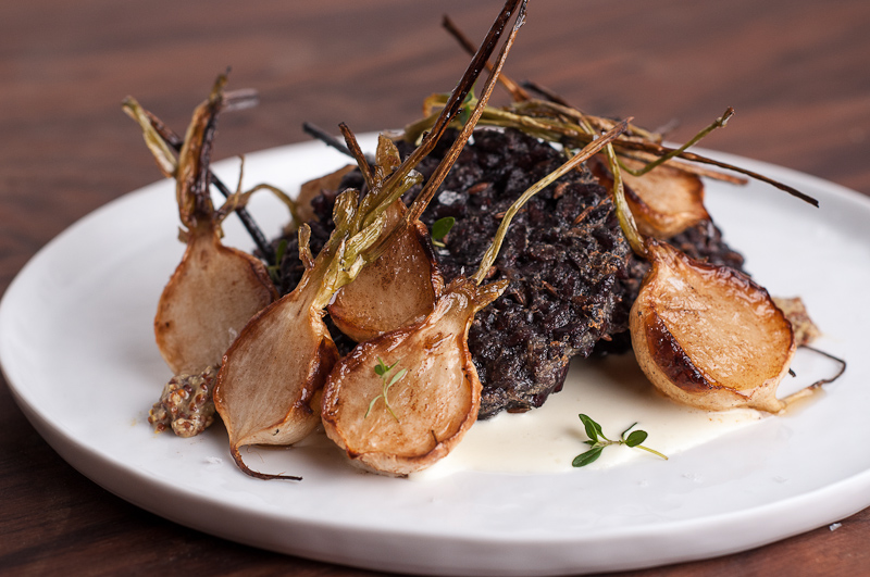 Black Rice Cakes with Roasted Turnips and Horseradish Cream