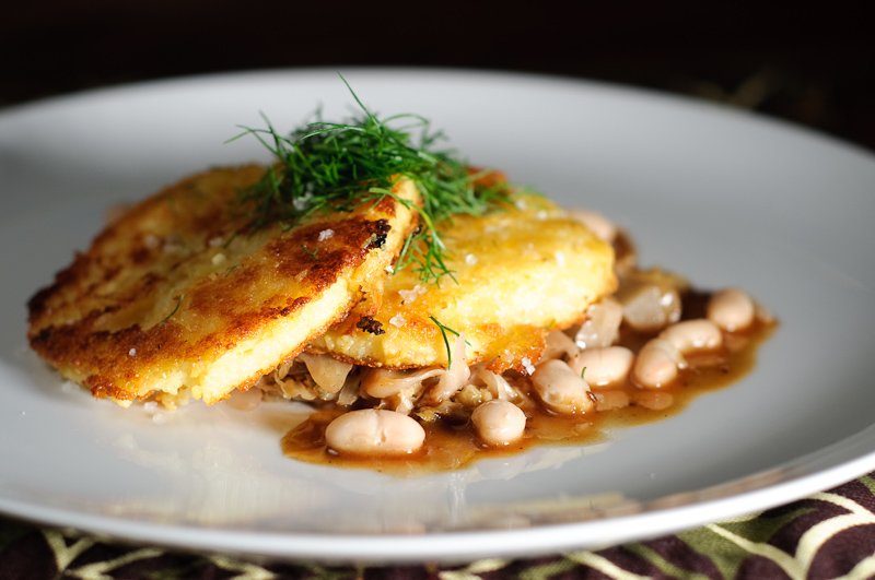 Crisp Polenta Cakes with Braised Cabbage and Beans
