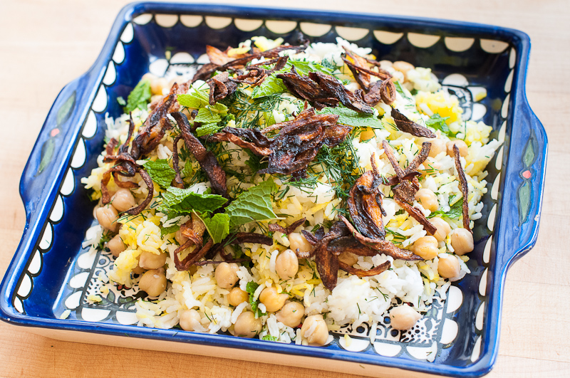 Chickpea and Saffron Pilaf with Crispy Onions